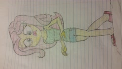 Size: 5312x2988 | Tagged: safe, artist:deon miller, character:fluttershy, my little pony:equestria girls, feet, female, lined paper, sideways image, solo, traditional art