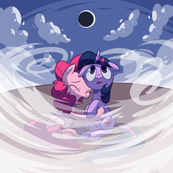 Size: 800x800 | Tagged: safe, artist:reuniclus, character:pinkie pie, character:twilight sparkle, eclipse, scared