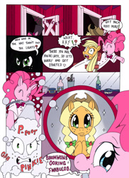 Size: 2540x3480 | Tagged: safe, artist:mohawkrex, artist:whysoseriouss, character:applejack, character:pinkie pie, species:earth pony, species:pony, comic:a piece of pie, alternate hairstyle, brush, comic, duo, female, makeover, mare, mirror, mouth hold, pigtails, plaid, soap bubble, suds, the amazing pinkie pie