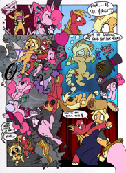 Size: 2544x3484 | Tagged: safe, artist:mohawkrex, artist:whysoseriouss, character:applejack, character:big mcintosh, character:pinkie pie, species:earth pony, species:pony, comic:a piece of pie, alternate hairstyle, bicycle, clothing, comic, diving helmet, duck amuck, female, fourth wall, goggles, hat, jetpack, male, mare, stallion, the amazing pinkie pie, top hat, tuxedo