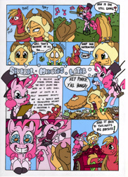 Size: 2544x3504 | Tagged: safe, artist:mohawkrex, artist:whysoseriouss, character:applejack, character:big mcintosh, character:pinkie pie, species:earth pony, species:pony, comic:a piece of pie, alternate hairstyle, clothing, comic, female, food, glasses, hat, male, mare, pie, pigtails, pony pulls the wagon, stallion, the amazing pinkie pie, top hat, trombone, tuxedo, unicycle, wagon