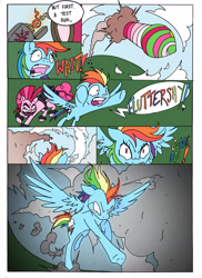 Size: 2544x3504 | Tagged: safe, artist:mohawkrex, artist:whysoseriouss, character:pinkie pie, character:rainbow dash, species:earth pony, species:pegasus, species:pony, comic:a piece of pie, comic, duo, female, flying, lighter, mare, powering up, punkie pie, rocket