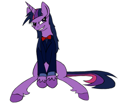 Size: 2117x1821 | Tagged: safe, artist:rexlupin, character:twilight sparkle, alternate hairstyle, bow tie, clothing, female, simple background, sitting, solo, suit, transparent background, twilight snapple, unshorn fetlocks