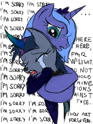 Size: 340x451 | Tagged: safe, artist:rexlupin, character:princess luna, character:twilight sparkle, species:draconequus, apologetic, apology, context is for the weak, crying, draconequified, forgiveness, hug, s1 luna, simple background, sketch, species swap, text, transparent background, twikonequus
