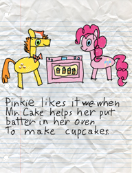 Size: 600x780 | Tagged: safe, artist:fonypan, artist:sweetie belle, character:carrot cake, character:pinkie pie, double entendre, drawing, implied infidelity, innocent, lined paper, oven, stylistic suck, sweetie's jurnal