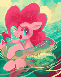 Size: 900x1145 | Tagged: dead source, safe, artist:purplekecleon, character:gummy, character:pinkie pie, species:earth pony, species:pony, female, floating, inner tube, mare, open mouth, smiling, water