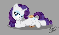 Size: 694x409 | Tagged: safe, artist:ceehoff, character:rarity, species:pony, species:unicorn, bedroom eyes, cheeky, cute, female, mare, marshmallow, prone, rarity is a marshmallow, s'mores, solo
