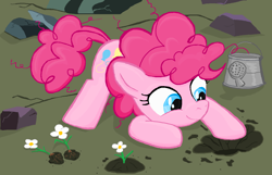 Size: 1338x860 | Tagged: safe, artist:sallycars, character:pinkie pie, female, filly, filly pinkie pie, flower, legitimately amazing mspaint, ms paint, solo, watering can