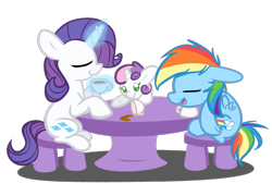 Size: 1000x720 | Tagged: safe, artist:selective-yellow, character:rainbow dash, character:rarity, character:sweetie belle, babysitting, filly, sleeping, tea, tea party