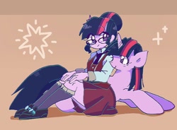 Size: 1024x752 | Tagged: safe, artist:twintailaquarius, artist:xp_r6, character:twilight sparkle, character:twilight sparkle (alicorn), character:twilight sparkle (scitwi), species:alicorn, species:eqg human, species:pony, equestria girls:friendship games, g4, my little pony: equestria girls, my little pony:equestria girls, barrette, chromatic aberration, clothing, crystal prep academy uniform, cute, duality, duo, female, glasses, gradient background, hair bun, hairclip, hairpin, horn, human ponidox, looking at you, mare, miniskirt, necktie, pixiv, pleated skirt, ponidox, pose, prone, school uniform, self ponidox, shirt, shoes, side view, sitting, skirt, smiling, socks, sparkles, twolight, uniform, vest