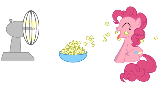 Size: 550x301 | Tagged: safe, artist:sersys, character:pinkie pie, animated, bowl, cute, eating, eyes closed, fan, female, food, open mouth, popcorn, simple background, sitting, smiling, solo, tongue out, white background