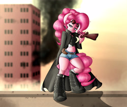 Size: 4000x3359 | Tagged: safe, artist:kelisah, character:pinkie pie, species:anthro, species:unguligrade anthro, belly button, boots, clothing, female, grin, gun, jacket, long coat, midriff, rifle, shorts, solo, trigger discipline, weapon