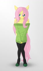 Size: 692x1153 | Tagged: safe, artist:romus91, character:fluttershy, species:anthro, species:pegasus, species:pony, black stockings, clothing, cutie mark on shoulder, cyan eyes, digital art, female, gradient background, green sweater, hands together, looking at you, mare, off shoulder, off shoulder sweater, pink hair, pink mane, pink tail, solo, stockings, sweater, sweatershy, thigh highs, yellow coat