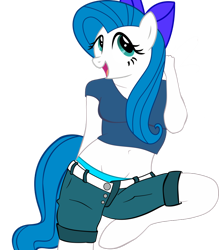 Size: 836x955 | Tagged: safe, artist:fluttercommunist, artist:romus91, oc, oc only, oc:minty blue, species:anthro, species:unguligrade anthro, belly button, bow, clothing, hair bow, midriff, shorts