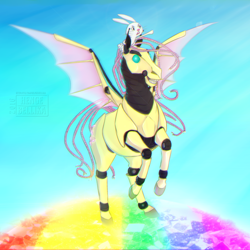Size: 1900x1900 | Tagged: safe, artist:hengebellika, character:angel bunny, character:fluttershy, species:pegasus, species:pony, female, flutterbot, horse, horsified, robot, solo