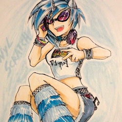Size: 516x515 | Tagged: safe, artist:slifertheskydragon, character:dj pon-3, character:vinyl scratch, species:human, clothing, cropped, denim skirt, eared humanization, female, furry leg warmers, headphones, horned humanization, humanized, leg warmers, midriff, rave, skirt, solo, traditional art