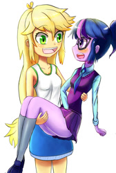 Size: 671x1000 | Tagged: safe, artist:jumboz95, character:applejack, character:twilight sparkle, character:twilight sparkle (scitwi), species:eqg human, ship:twijack, my little pony:equestria girls, blushing, bridal carry, clothing, denim skirt, female, lesbian, pleated skirt, schrödinger's pantsu, scitwijack, shipping, simple background, skirt, skirt lift, thighs, upskirt