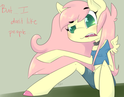 Size: 1400x1100 | Tagged: safe, artist:kittentoots, character:fluttershy, species:anthro, species:unguligrade anthro, arm hooves, awkward, clothing, colored pupils, cute, cute little fangs, fangs, female, midriff, off shoulder, short shirt, shorts, shy, solo