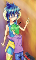 Size: 738x1200 | Tagged: safe, artist:jumboz95, character:princess ember, character:spike, species:human, ship:emberspike, episode:gauntlet of fire, g4, my little pony: friendship is magic, :o, abstract background, bad touch, blushing, breasts, clothing, delicious flat chest, devil horn (gesture), embarrassed, female, horned humanization, hug, humanized, it's called a hug, male, molestation, music notes, no armor, open mouth, pants, rock on, scene interpretation, shipping, shoes, shrunken pupils, straight, sweat, sweating profusely, tank top, tsundember, tsundere