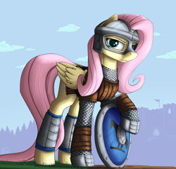 Size: 1912x1840 | Tagged: safe, artist:dipfanken, character:fluttershy, species:pegasus, species:pony, armor, banner, castle, crossover, female, helmet, mare, mount and blade, shield, solo