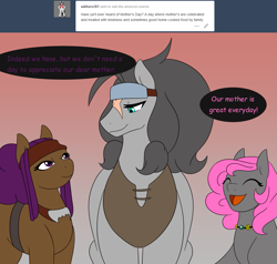 Size: 1079x1028 | Tagged: safe, artist:lunis1992, oc, oc only, oc:fury, oc:glory forge, oc:warcry, ask the amazon mares, mother, mother's day, tumblr