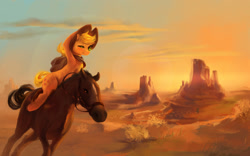 Size: 1920x1200 | Tagged: safe, artist:fruitbloodmilkshake, character:applejack, species:earth pony, species:pony, bandana, bridle, butte, cloak, clothing, cowboy, cowboy hat, desert, featured on derpibooru, female, hat, horse, horse-pony interaction, looking at you, mare, monument valley, one eye closed, ponies riding horses, reins, scenery, smiling, solo, sunset, tack, wink