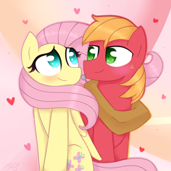 Size: 1000x1000 | Tagged: safe, artist:ultrard, character:big mcintosh, character:fluttershy, species:earth pony, species:pony, ship:fluttermac, abstract background, blushing, colored pupils, eye contact, heart, looking at each other, male, shipping, signature, stallion, straight