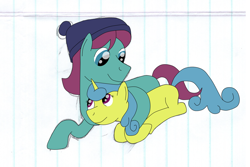 Size: 1024x683 | Tagged: safe, artist:allonsbro, character:lemon hearts, episode:a hearth's warming tail, g4, my little pony: friendship is magic, autumn leaf, clothing, cuddling, female, intertwined tails, lemonleaf, lined paper, male, shipping, snuggling, straight
