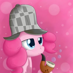 Size: 2000x2000 | Tagged: dead source, safe, artist:polkin, character:pinkie pie, species:earth pony, species:pony, episode:mmmystery on the friendship express, g4, my little pony: friendship is magic, abstract background, bubble, bubble pipe, clothing, deerstalker, detective, female, hat, high res, mare, pipe, solo