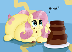 Size: 1957x1410 | Tagged: safe, artist:dullpoint, character:fluttershy, cake, fat, fattershy, female, food, obese, solo