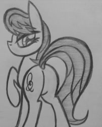Size: 500x620 | Tagged: safe, artist:poorlydrawnpony, character:octavia melody, species:earth pony, species:pony, bedroom eyes, butt, female, looking at you, mare, monochrome, plot, solo, traditional art, treblebutt