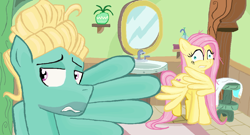 Size: 1260x679 | Tagged: safe, artist:sallycars, character:fluttershy, character:zephyr breeze, species:pegasus, species:pony, episode:flutter brutter, g4, my little pony: friendship is magic, bathroom, brother and sister, embarrassed, female, male, mare, ms paint, stallion, towel, we don't normally wear clothes, wet mane