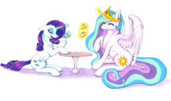 Size: 2200x1300 | Tagged: safe, artist:klarapl, character:princess celestia, character:rarity, chest fluff, cookie, duo, eyes closed, floppy ears, food, magic, sitting, telekinesis, traditional art