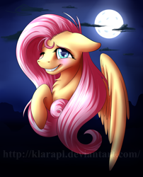 Size: 2500x3100 | Tagged: safe, artist:klarapl, character:fluttershy, species:pegasus, species:pony, bust, chest fluff, fangs, female, floppy ears, full moon, looking at you, moon, night, one eye closed, portrait, raised hoof, simple background, smiling, solo, wingding eyes, wings, wink