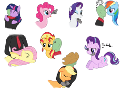 Size: 1831x1415 | Tagged: safe, artist:zharkaer, character:applejack, character:fluttershy, character:pinkie pie, character:rainbow dash, character:rarity, character:starlight glimmer, character:sunset shimmer, character:twilight sparkle, character:twilight sparkle (alicorn), oc, oc:anon, species:alicorn, species:human, species:pony, accessory swap, applejack's hat, bedroom eyes, bellyrubs, blep, blushing, boop, chin scratch, clothing, comforting, confused, cowboy hat, crying, cuddling, cute, disembodied hand, eye contact, eyes closed, floppy ears, hand, hat, horses doing horse things, hug, human on pony snuggling, kiss on the cheek, kissing, nose wrinkle, nuzzling, on back, petting, prone, question mark, sad, scrunchy face, simple background, sleeping, smiling, snuggling, thought bubble, tongue out, transparent background, wink