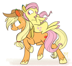 Size: 738x672 | Tagged: safe, artist:selective-yellow, character:applejack, character:fluttershy, ship:appleshy, female, hooves, lesbian, ponies riding ponies, raised hoof, shipping, simple background, size difference, transparent background, unshorn fetlocks