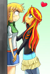 Size: 676x1000 | Tagged: safe, artist:jumboz95, character:applejack, character:sunset shimmer, ship:appleshimmer, my little pony:equestria girls, blushing, clothing, cornered, cute, denim skirt, female, freckles, heart, leather jacket, lesbian, love, shipping, skirt, wavy mouth