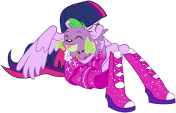 Size: 5444x3500 | Tagged: safe, artist:missgoldendragon, character:spike, character:twilight sparkle, character:twilight sparkle (alicorn), species:dog, ponyscape, equestria girls:equestria girls, g4, my little pony: equestria girls, my little pony:equestria girls, .svg available, absurd resolution, boots, clothing, cute, dress, duo, eyes closed, fall formal outfits, high heel boots, hug, ponied up, simple background, sitting, spike the dog, squishy cheeks, tongue out, transparent background, twiabetes, vector