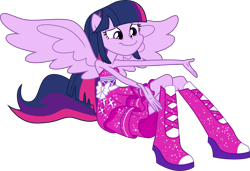 Size: 5854x4000 | Tagged: safe, artist:missgoldendragon, character:twilight sparkle, character:twilight sparkle (alicorn), ponyscape, my little pony:equestria girls, .svg available, absurd resolution, bare shoulders, boots, clothing, dress, fall formal outfits, female, high heel boots, ponied up, reaching out, simple background, sitting, sleeveless, smiling, solo, spread wings, strapless, transparent background, vector, wings