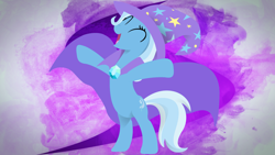 Size: 1024x576 | Tagged: safe, artist:shelmo69, artist:spntax, character:trixie, species:pony, species:unicorn, cape, clothing, eyes closed, female, mare, minimalist, smiling, trixie's hat, upright, vector, wallpaper