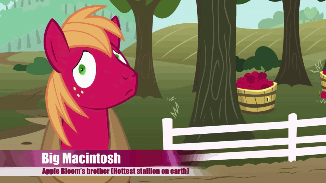 Size: 1280x720 | Tagged: safe, artist:toucanldm, character:big mcintosh, species:earth pony, species:pony, animated, apple, here comes honey apple bloom, male, orchard, shifty eyes, solo, stallion, stupid sexy big macintosh, tree, youtube link