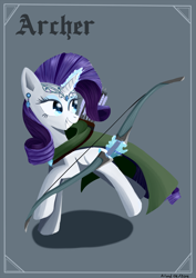 Size: 848x1200 | Tagged: safe, artist:ailynd, character:rarity, archer, arrow, blackletter, bow (weapon), bow and arrow, cape, clothing, ear piercing, earring, female, grin, jewelry, looking over shoulder, magic, piercing, quiver, shadow, smiling, solo, telekinesis, weapon