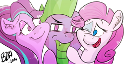 Size: 808x419 | Tagged: safe, artist:bow2yourwaifu, character:rarity, character:spike, character:starlight glimmer, ship:sparity, ship:sparlight, annoyed, cute, female, hug, male, otp, rarisparlight, shipping, spike gets all the mares, straight