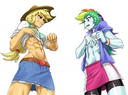 Size: 2003x1500 | Tagged: safe, artist:invisibleone11, character:applejack, character:rainbow dash, my little pony:equestria girls, abs, applejacked, belly button, clothing, compression shorts, cowboy hat, denim skirt, hat, miniskirt, muscles, shirt, shirt lift, shorts, simple background, skirt, stetson, sweat