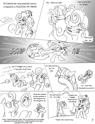 Size: 1012x1327 | Tagged: safe, artist:conner cogwork, artist:terrichance, character:carrot top, character:golden harvest, character:twilight sparkle, comic, dat mane, non-consensual cuddling, the mane attraction (comic)