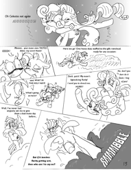 Size: 1012x1327 | Tagged: safe, artist:conner cogwork, artist:terrichance, character:carrot top, character:golden harvest, character:rainbow dash, character:rarity, comic, dat mane, nom, non-consensual cuddling, the mane attraction (comic)
