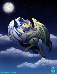 Size: 981x1280 | Tagged: safe, artist:shrineheart, oc, oc only, oc:glace plume, oc:rory kenneigh, species:classical hippogriff, species:hippogriff, species:pegasus, species:pony, cloud, female, flying, glaceigh, hug, kissing, male, moon, night, shipping, stars, straight, wings