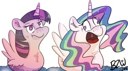 Size: 900x496 | Tagged: safe, artist:bow2yourwaifu, character:princess celestia, character:twilight sparkle, character:twilight sparkle (alicorn), species:alicorn, species:duck, species:pony, aliduck, annoyed, derp, duck pony, majestic as fuck, swanlestia, swanlight sparkle