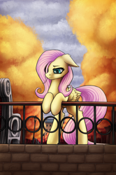 Size: 1269x1912 | Tagged: safe, artist:dipfanken, character:fluttershy, autumn, bench, depressed, female, floppy ears, melancholy, park, rearing, solo