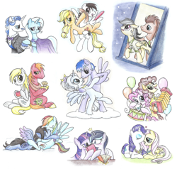 Size: 1024x975 | Tagged: safe, artist:islamilenaria, character:applejack, character:big mcintosh, character:cheese sandwich, character:daring do, character:derpy hooves, character:doctor whooves, character:fancypants, character:fluttershy, character:pinkie pie, character:rainbow dash, character:rarity, character:time turner, character:trixie, character:twilight sparkle, oc, species:pegasus, species:pony, ship:cheesepie, ship:derpymac, ship:rarishy, accordion, book, canon x oc, crack shipping, daringtime, drums, female, lesbian, male, mane six, mare, musical instrument, oc x oc, shipping, straight, trixiepants